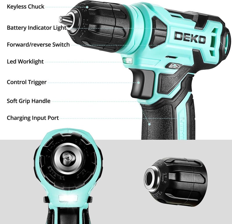 DEKOPRO Drill Set: Tool Set with 8V Cordless Drill, Home Tool Kit with Drill, Hand Tool Kits for Women 126 Piece, Turquoise - Image 4